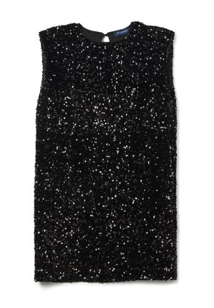 Mouwloze zwarte jurk bedekt met zwarte pailletten, met een ronde halslijn en een kleine knoopsluiting aan de achterkant.