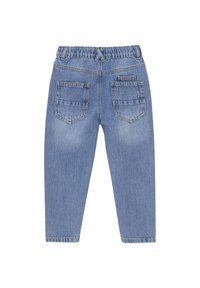 Blå denimbyxor med elastisk midja, med två bakfickor, rakt ben-design och en ljus tvättfinish.