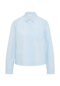 Lichtblauw button-up shirt met witte verticale strepen, lange mouwen, kraag en een borstzak. Gemaakt van een gladde, ademende stof.