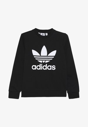 Sweatshirt Adidas noir à manches longues avec logo trèfle blanc et texte "adidas" sur le devant, col rond, poignets et ourlet côtelés.