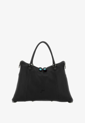 Borsa a mano in pelle nera con due manici, ferrature argentate e chiusura con cerniera con due cursori turchesi.