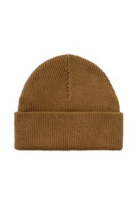 Gorro de punto marrón con textura acanalada, que presenta un dobladillo y una parte superior suave, diseñado para ofrecer calor y comodidad.
