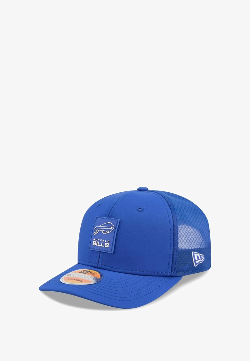 Blue cap with mesh back, flat brim, and a rectangular patch featuring a buffalo graphic and "BUFFALO BILLS" text in white.