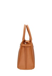 Borsa a mano in pelle color tan con forma strutturata, doppio manico, chiusura con zip e finitura testurizzata, che mette in mostra un design elegante ma funzionale.
