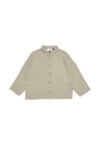 Light green, cropped button-up shirt with a collar, wooden buttons, and long sleeves in a textured linen-like fabric.