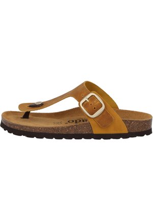 Brown leather flip-flop sandal with a thong strap, adjustable buckle, and a cork footbed, featuring a textured rubber sole.