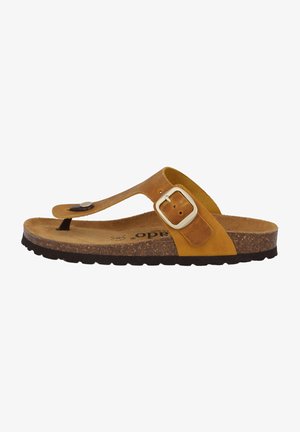Bruine leren flip-flop sandalen met een teenband, verstelbare gesp en een kurken voetbed, met een gestructureerde rubberen zool.