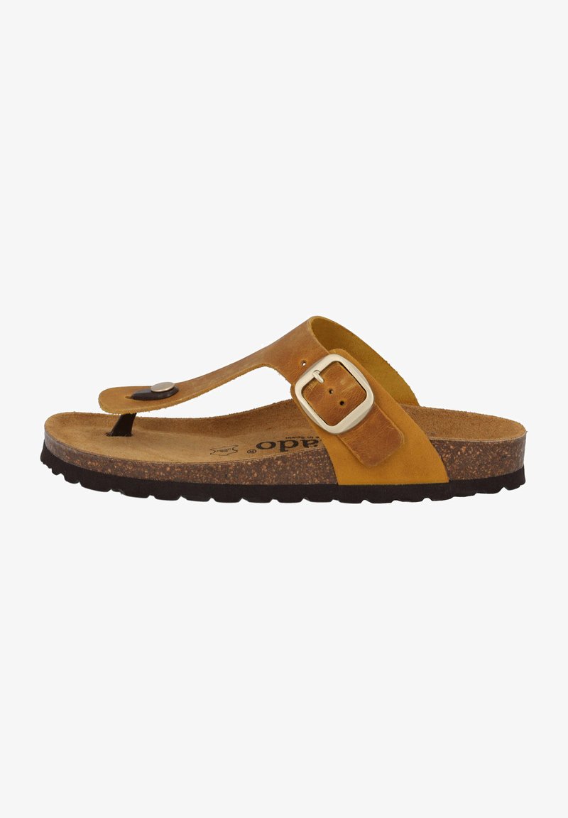 Brown leather flip-flop sandal with a thong strap, adjustable buckle, and a cork footbed, featuring a textured rubber sole.