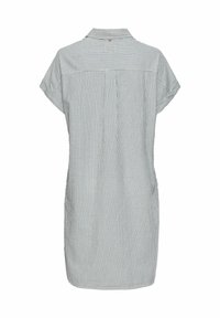 Gestreiftes Kurzarmhemdkleid in Blau und Weiß, mit Kragen, knielang, mit einem Rückenschlitz und leichten seitlichen Schlitzen für mehr Bewegungsfreiheit.