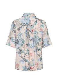 Chemise à manches courtes avec des boutons, imprimé floral tropical dans des tons pastel de bleu, vert, rouge et beige, vue de dos.