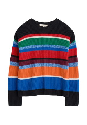Multicolored knit sweater featuring horizontal stripes in red, blue, green, orange, and black. Ribbed texture with a crew neckline.