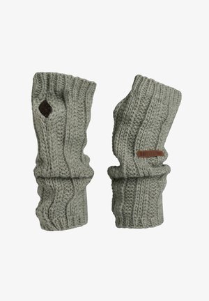 Gehaakte vingerloze handschoenen in lichtgrijs, met een gestructureerd geribbeld ontwerp, een omgeslagen manchet en een klein bruin leren label.