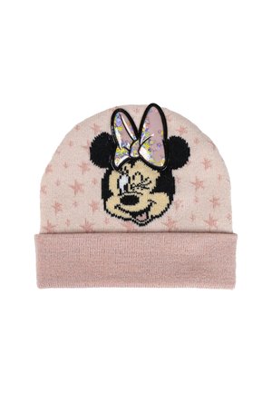 Berretto lavorato a maglia di un rosa morbido con un risvolto, caratterizzato da un volto di un personaggio Disney in bianco e nero e da un accento con un fiocco rosa glitterato.