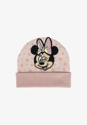 Gebreide beanie in zacht roze met een omgeslagen rand, met een zwart-wit Disney karakter gezicht en een roze, sprankelende strikaccent.