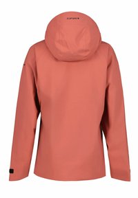 Giacca arancione impermeabile con cappuccio, caratterizzata da una texture liscia, design minimalista e polsini regolabili. Logo visibile sul retro.