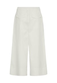 Pantalon crème à jambes larges et coupé, avec ceinture élastique et poches à rabat au dos, confectionné en tissu léger.