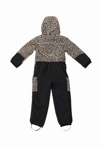 Gevoerde jumpsuit met leopardprint bovenkant, zwarte onderkant, trekkoorden in de mouwen en twee frontzakken met een soepele textuur.