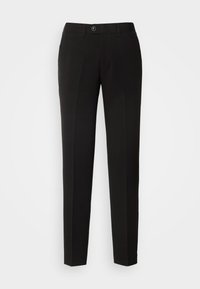 Pantalon noir coupé droit, sur mesure, avec fermeture à boutons, poches avant, et tissu léger et lisse.