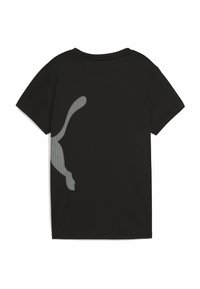 Svart t-shirt med en stor grå prickad logotypdesign på baksidan. Korta ärmar och en klassisk crew neck-stil. Mjuk, lättviktig tyg.