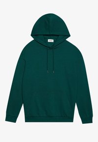Teal genser med hette i myk stoff med frontlomme, justerbar snor i hetta, og ribbestrikkede mansjetter og kant. Enkel, klassisk design.