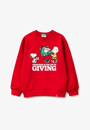 Rotes Sweatshirt mit einer Grafik von drei Cartoonfiguren und dem Text "WEIHNACHTEN IST DIE FREUDE AM GEBEN." Weicher Stoff, gerippte Bündchen.