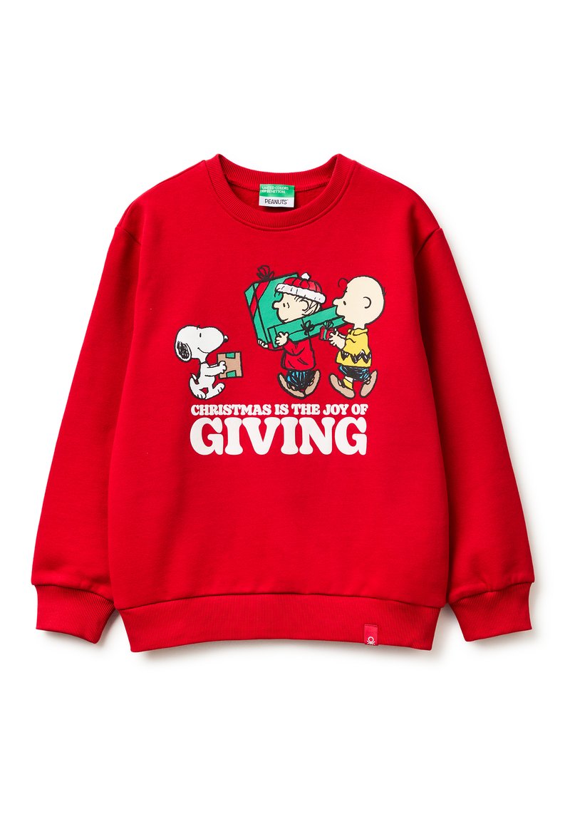 Sudadera roja con un gráfico de tres personajes de dibujos animados y el texto "LA NAVIDAD ES LA ALEGRÍA DE DAR." Tela suave, pu�ños acanalados.