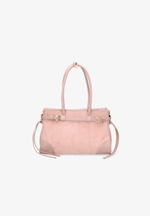 Borsa a tracolla in suede rosa con manici doppi, dettagli in oro e tracolle regolabili. Presenta una texture liscia e una forma strutturata.