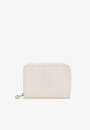 Portafoglio beige compatto con chiusura a zip, logo del marchio inciso in forma circolare e linguetta rotonda per la zip, su sfondo neutro.