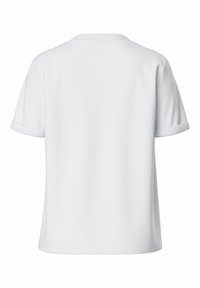Weißes T-Shirt mit kurzen Ärmeln und Rundhalsausschnitt, hochgerollten Ärmeln und glatter Textur; die Rückansicht zeigt ein schlichtes, unverziertes Design.