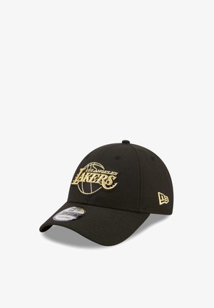 Black adjustable baseball cap with gold embroidered Los Angeles Lakers logo and New Era logo on the side.