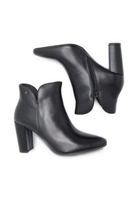 Čierne kožené členkové boty s špicatou špičkou, stredne vysokým blokovým podpätkom a bočným zipsom. Obsahujú vlnkovaný golier a hladkú textúru.