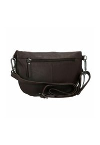 Borsa a tracolla in pelle marrone scuro con finitura texture, dotata di una tasca frontale con zip e una tracolla regolabile.