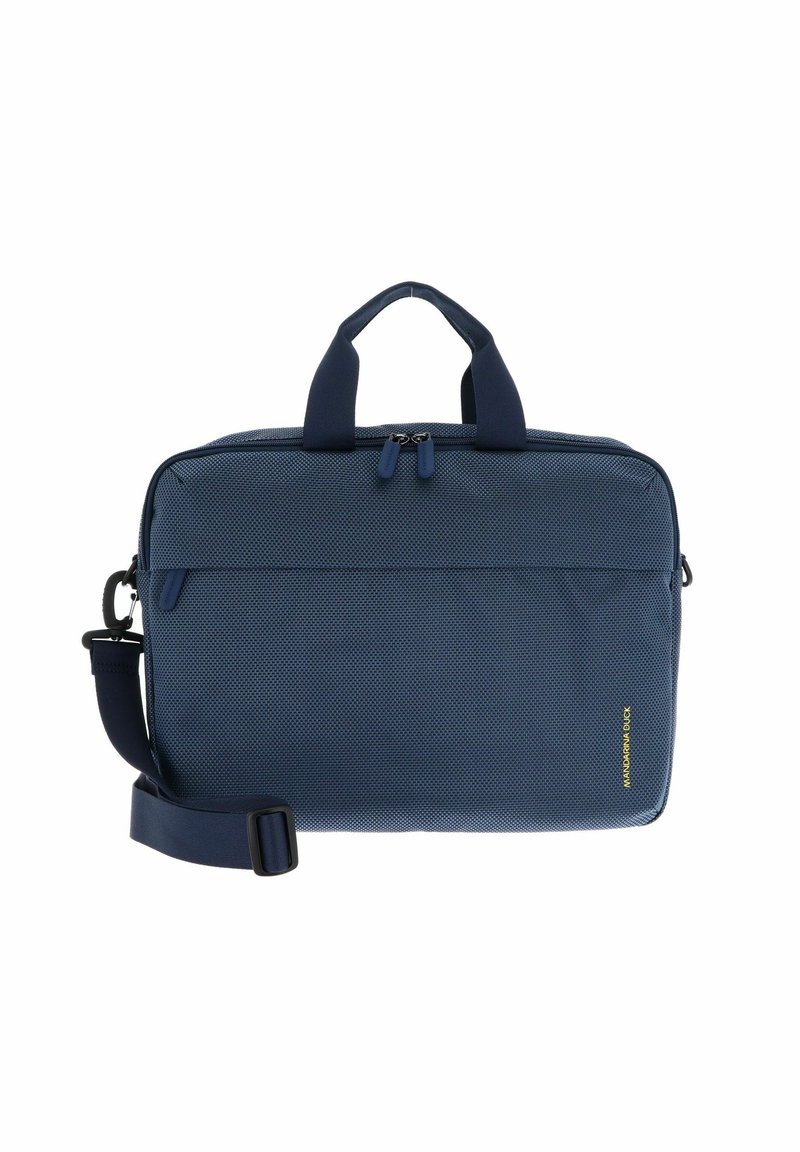 Borsa per laptop blu navy realizzata in tessuto testurizzato, con doppi manici, una tracolla removibile e un vano con zip.