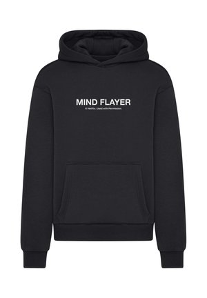 Black hooded sweatshirt with a front pocket and white “MIND FLAYER” text. Made from soft material with ribbed cuffs and hem.