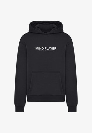 Sweat à capuche noir avec poche avant et texte blanc « MIND FLAYER ». Confectionné en matière douce avec poignets et ourlet côtelés.