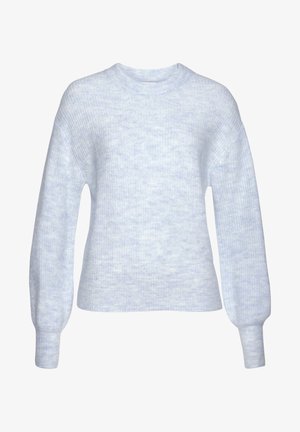 Lichtblauwe gebreide trui met een ronde hals, lange puff mouwen, geribbelde textuur en een iets losse pasvorm. Geen zichtbare patronen of hardware.