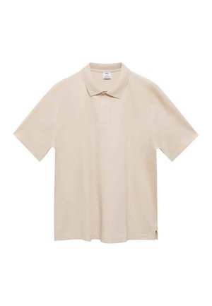 Beige polo paita valmistettu puuvillasta, jossa on klassinen kaulus, kaksi nappia napitusta, lyhyet hihat ja sivuhalkiot helmassa.