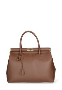 Borsa a mano in pelle marrone con finitura texturizzata, accessori in oro, manici superiori e una decorazione a lucchetto. Il design presenta una forma strutturata e dettagli sottili.