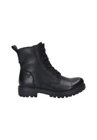 Botas negras hasta el tobillo hechas de cuero texturizado, con un frente con cordones, talón reforzado y suela de goma resistente para tracción.