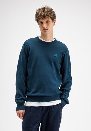 Jonge man met krullend haar, gekleed in een donkerblauwe trui met lange mouwen over een wit overhemd en donkere broek tegen een effen witte achtergrond.