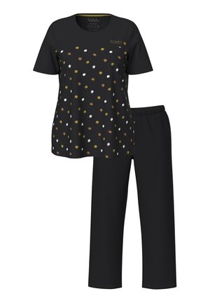 Černý dvoudílný pyžamový set s krátkým rukávem, který má květinový vzor v bílé, hnědé a žluté barvě, doplněný o černé kalhoty.