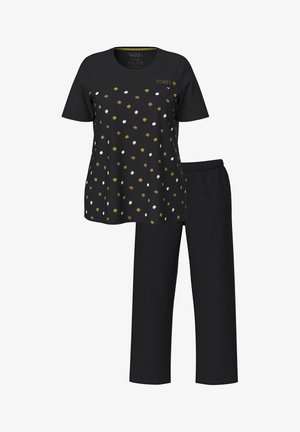 Zwart tweedelig pyjama set bestaande uit een t-shirt met korte mouwen met een bloemmotief in wit, bruin en geel, gecombineerd met bijpassende zwarte broek.