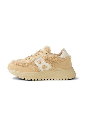 Beige sneakers with a fluffy wool-like upper, suede accents, and a chunky rubber sole. Features a raised white "B" logo on the side.