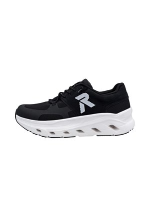 Sort atletiksneaker med hvid tyk sål, net- og stofoverdel, snørelukning foran og hvidt stiliseret R-logo på siden.