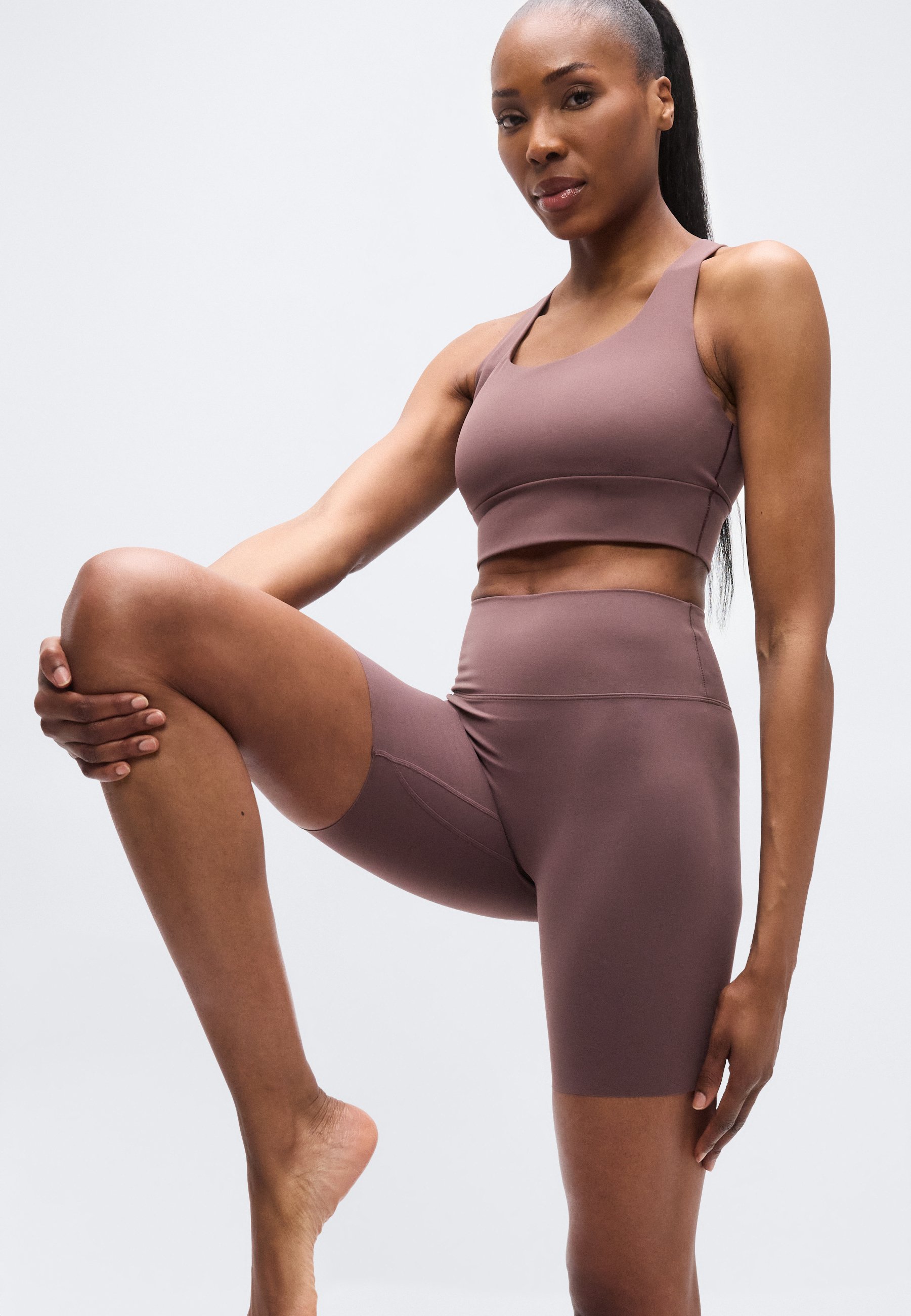 nike crop top and shorts set brown