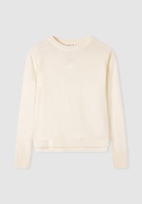 Kremowy sweter z długim rękawem, okrągłym dekoltem oraz ribbowym wykończeniem mankietów i dołu. Wykonany z miękkiego materiału dzianinowego o gładkiej strukturze.