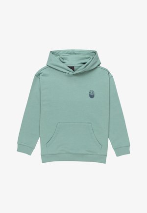 Hoodie verde menta realizzato in tessuto morbido con tasca frontale, cappuccio regolabile con coulisse e un piccolo logo sul petto. Polsini e orlo a coste.