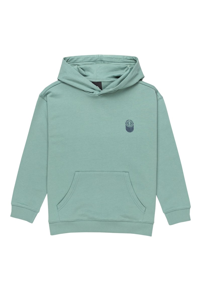 Hoodie verde menta realizzato in tessuto morbido con tasca frontale, cappuccio regolabile con coulisse e un piccolo logo sul petto. Polsini e orlo a coste.