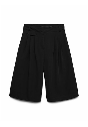 Shorts noirs taille haute cintrés avec passants pour ceinture, plis à l'avant et petit détail de rabat à la taille.