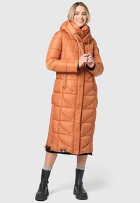 Long orange puffer coat with a hood. Features quilted texture, snap button and zipper closure, side pockets, and a knee-length design.